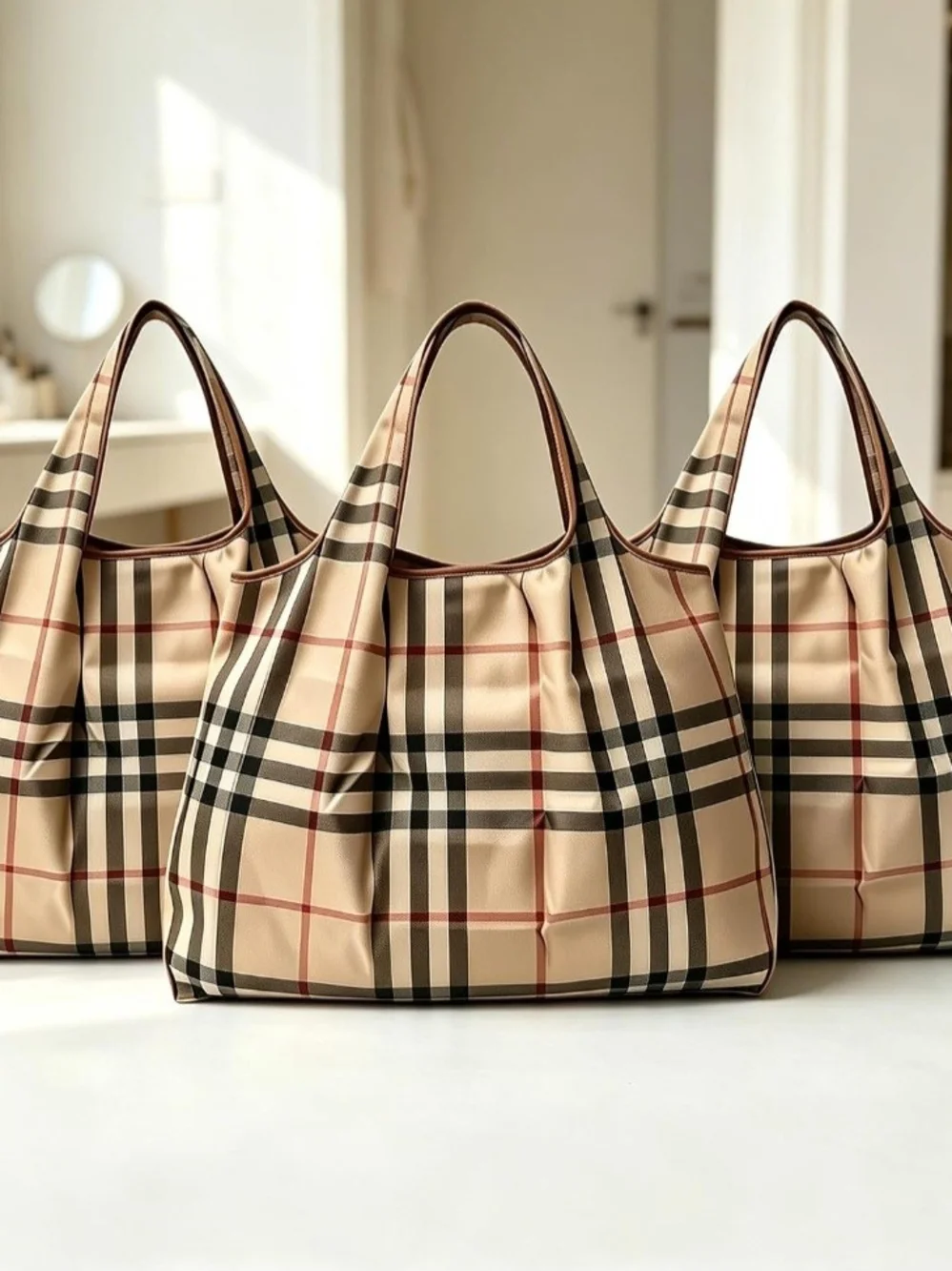 Reusable Plaid Grocery Tote Bag - Beige